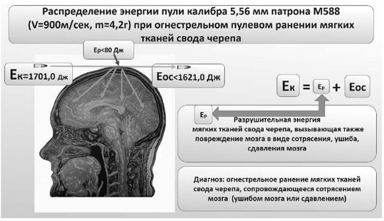 Распределение энергии пули при ранении мягких тканей свода черепа